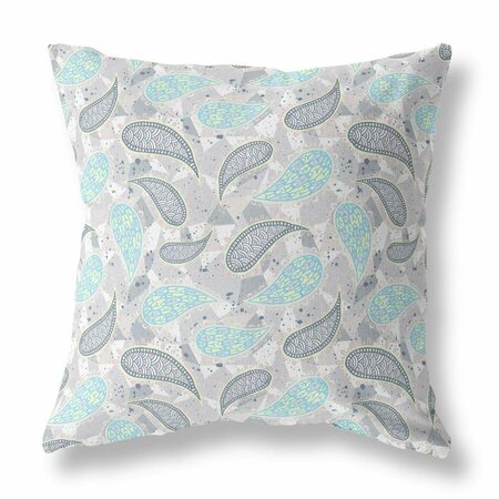 PALACEDESIGNS 16 in. Gray & Turquoise Boho Paisley Indoor & Outdoor Throw Pillow PA3101299